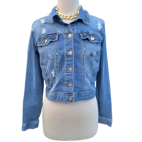 Celebrity Pink Distressed Denim Jacket Button Up Rollable Sleeve Womans Small - Picture 2 of 13